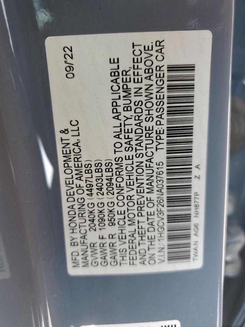 2022 HONDA ACCORD 1HGCV3F26NA037615