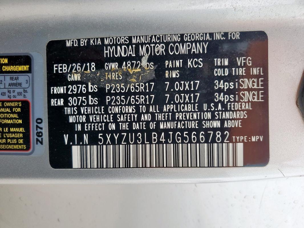 2018 HYUNDAI SANTA FE S 5XYZU3LB4JG566782