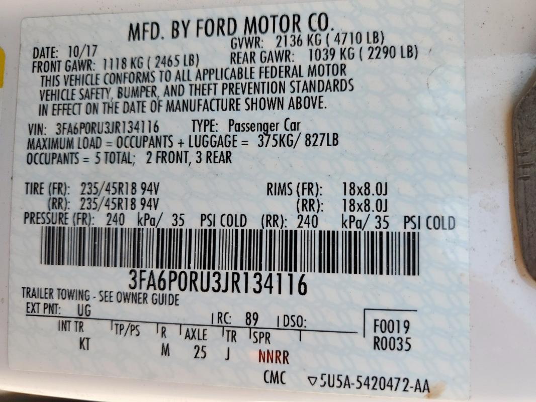 2018 FORD FUSION TIT - 3FA6P0RU3JR134116