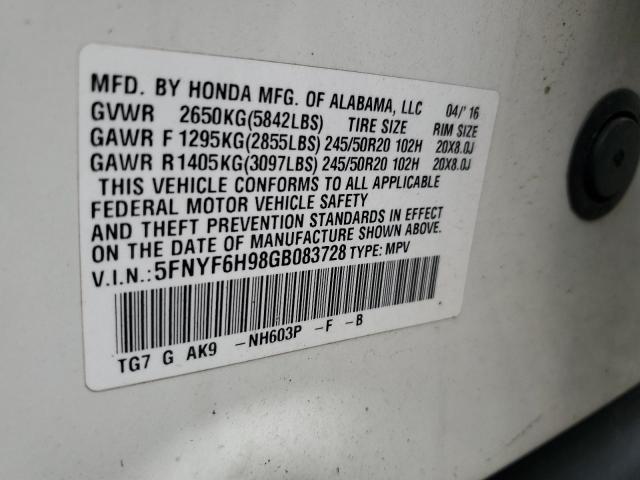 2016 HONDA PILOT TOUR - 5FNYF6H98GB083728