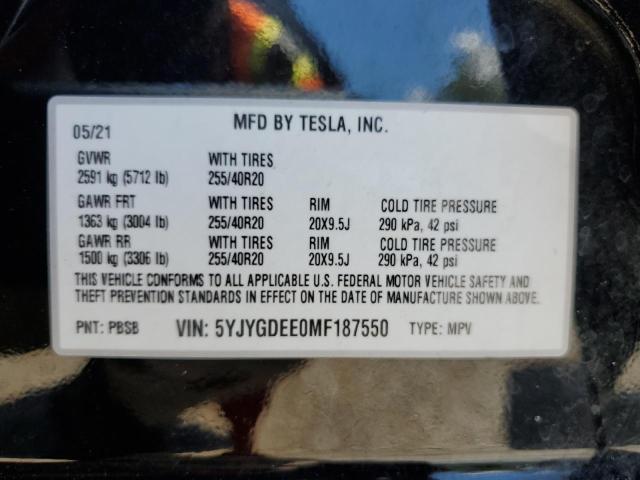 2021 TESLA MODEL Y 5YJYGDEE0MF187550