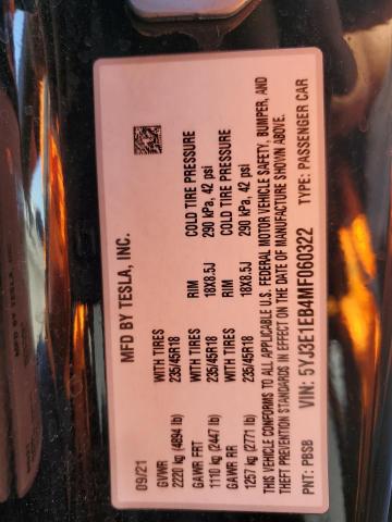 2021 TESLA MODEL 3 5YJ3E1EB4MF060322