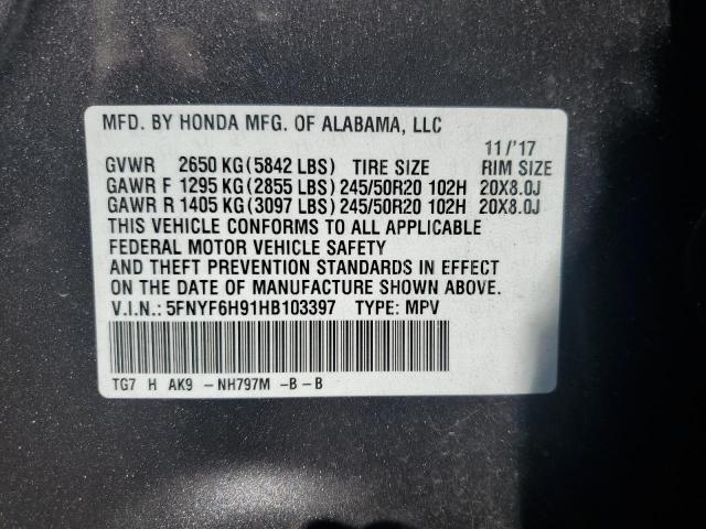 2017 HONDA PILOT TOUR 5FNYF6H91HB103397
