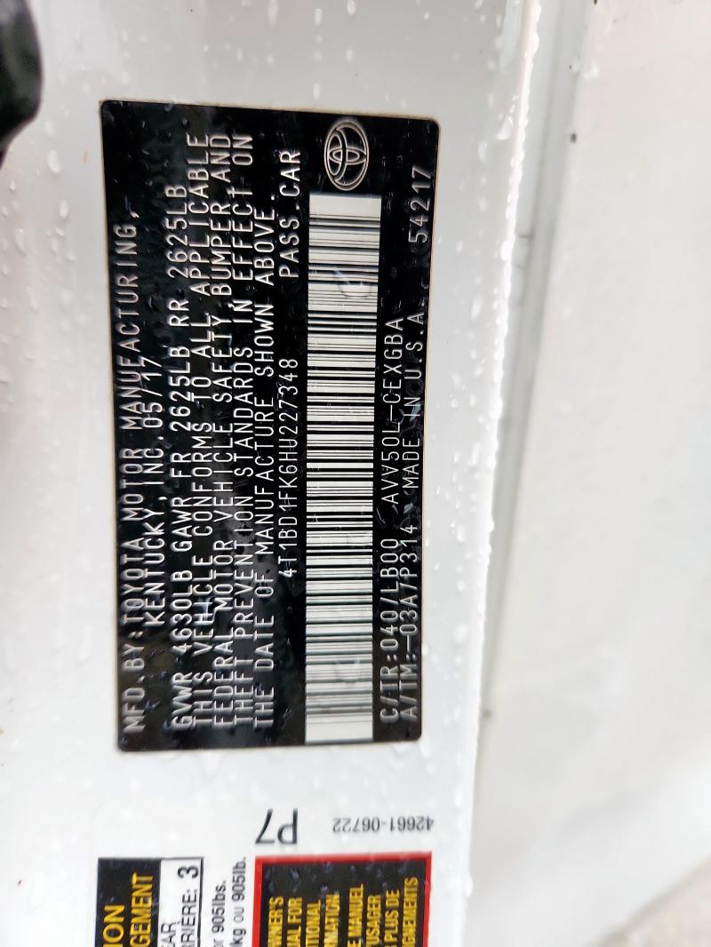 2017 TOYOTA CAMRY HYBR 4T1BD1FK6HU227348