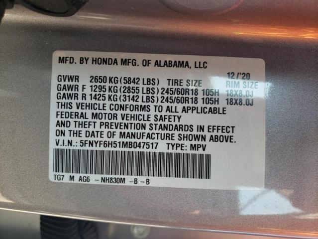 2021 HONDA PILOT EXL 5FNYF6H51MB047517