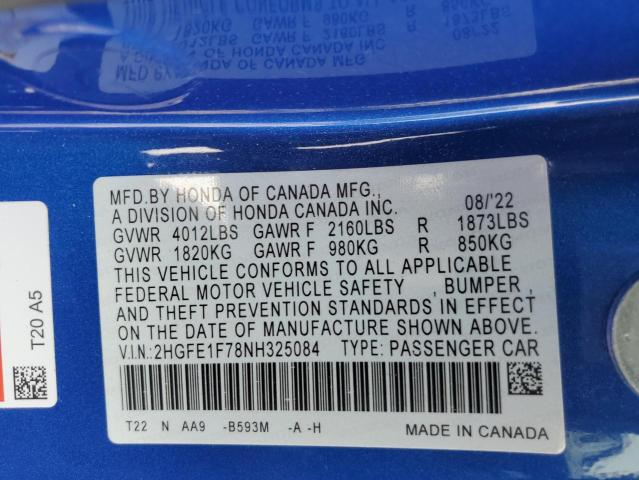 2022 HONDA CIVIC EX 2HGFE1F78NH325084