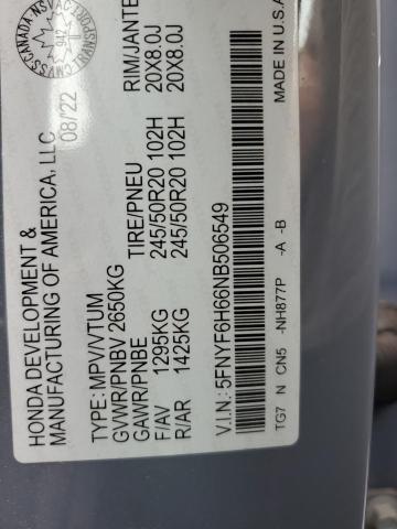 2022 HONDA PILOT TOUR 5FNYF6H66NB506549