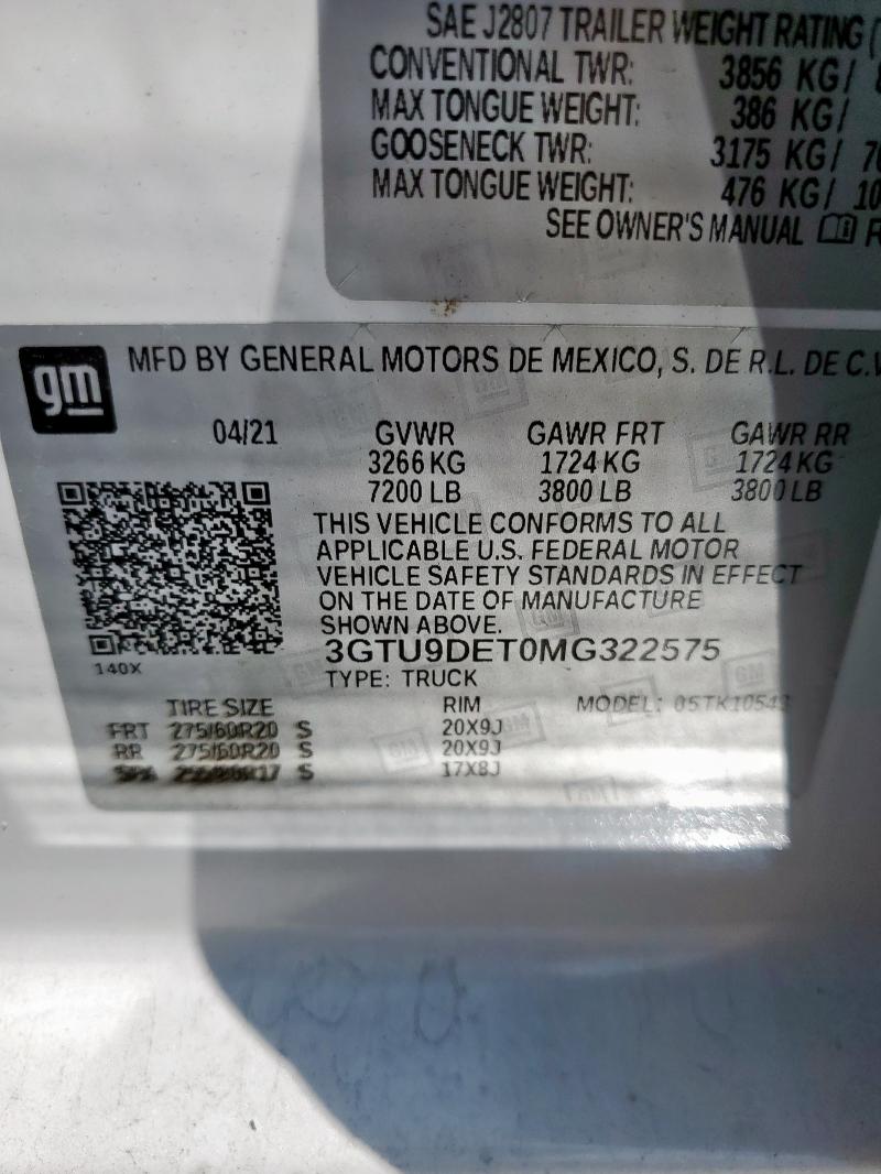 2021 GMC SIERRA K1500 SLT 3GTU9DET0MG322575