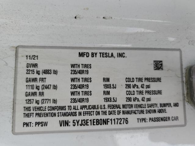 2022 TESLA MODEL 3 5YJ3E1EB0NF117276