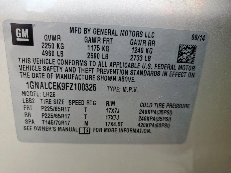 2015 CHEVROLET EQUINOX LT 1GNALCEK9FZ100326