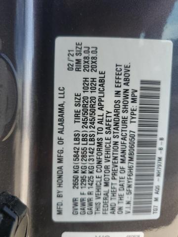2021 HONDA PILOT TOUR 5FNYF6H67MB060507