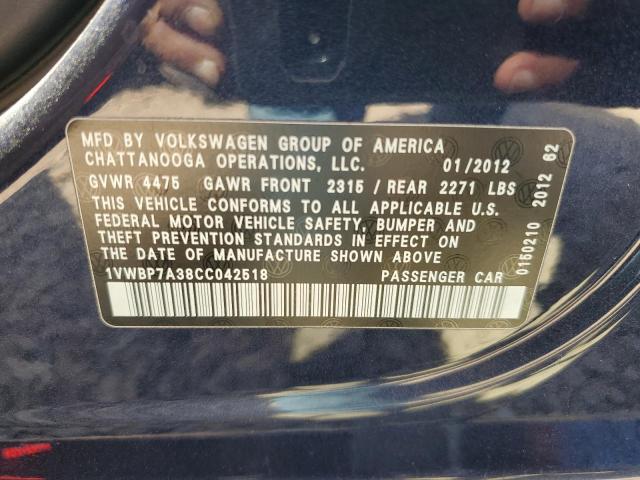2012 VOLKSWAGEN PASSAT SE - 1VWBP7A38CC042518