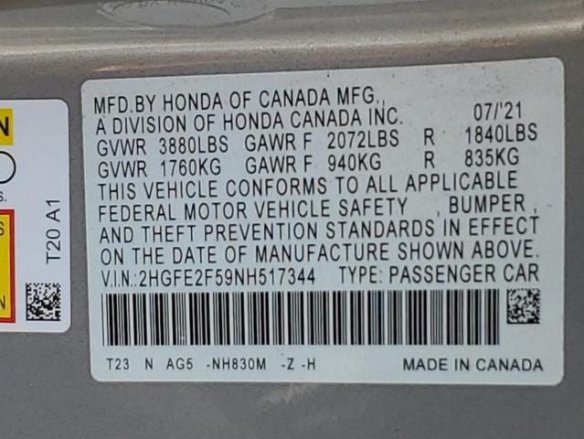 2022 HONDA CIVIC SPOR - 2HGFE2F59NH517344