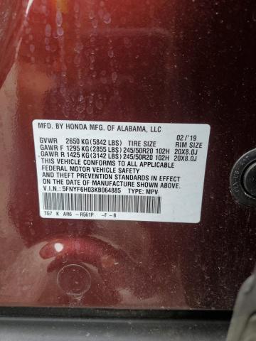 2019 HONDA PILOT ELIT 5FNYF6H03KB064885