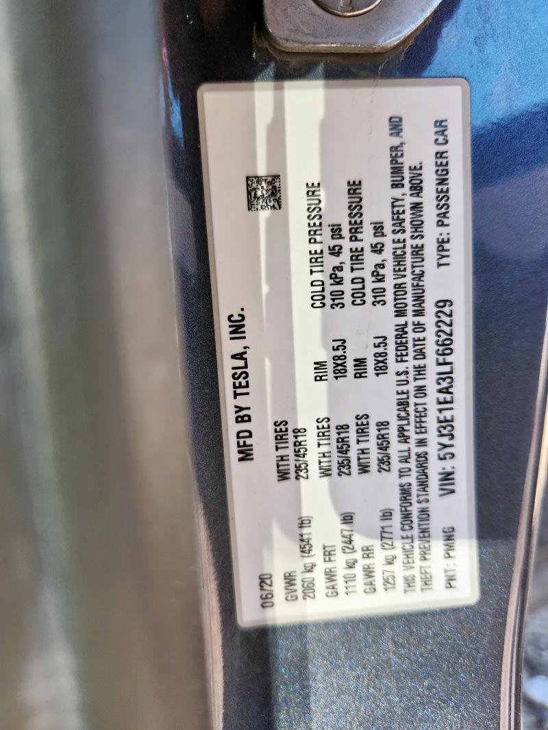 2020 TESLA MODEL 3 5YJ3E1EA3LF662229