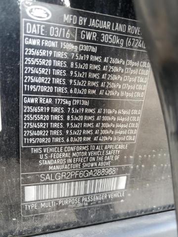 2016 LAND ROVER RANGE ROVE SALGR2PF6GA288968