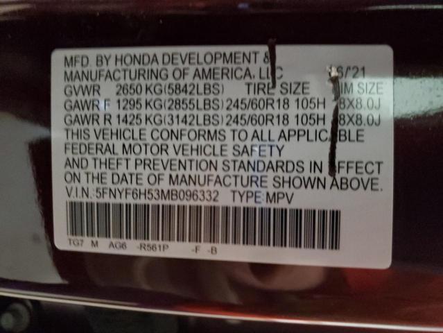 2021 HONDA PILOT EXL 5FNYF6H53MB096332