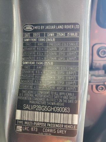 2016 LAND ROVER RANGE ROVE SALVP2BG5GH090063