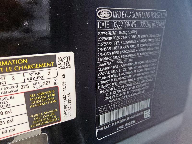 2022 LAND ROVER RANGE ROVE SALWR2SUXNA231655