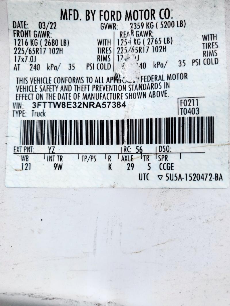 2022 FORD MAVERICK X - 3FTTW8E32NRA57384