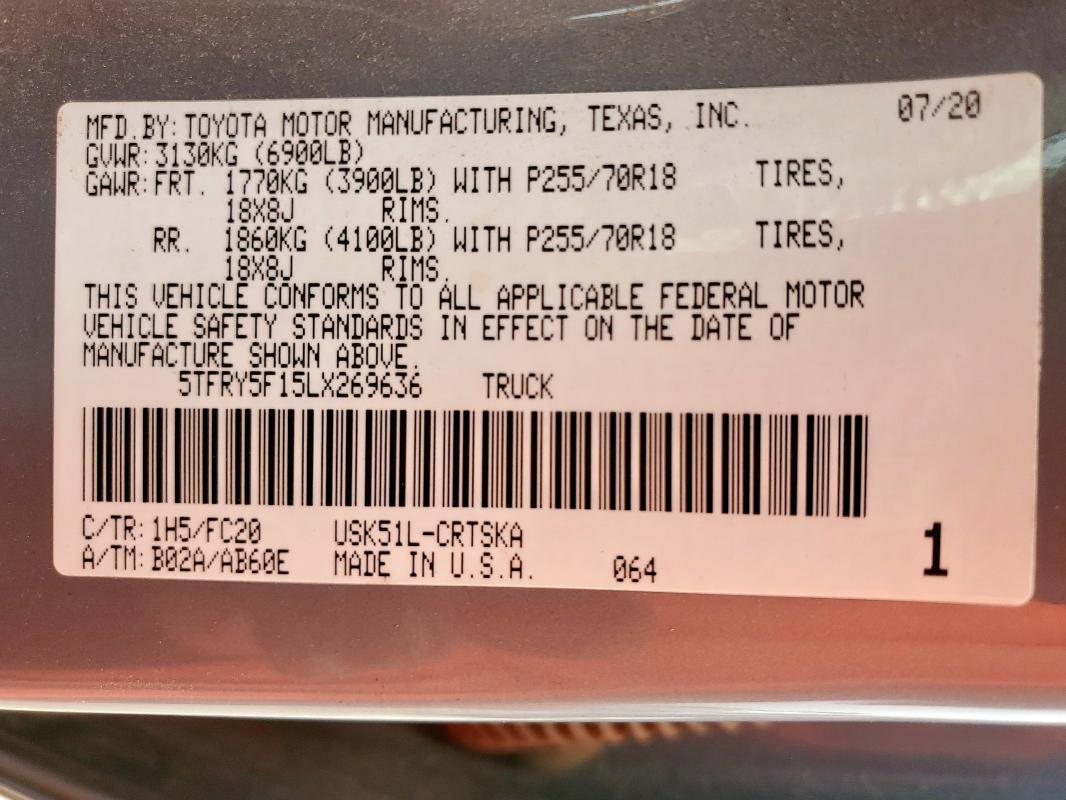 2020 TOYOTA TUNDRA DOU 5TFRY5F15LX269636