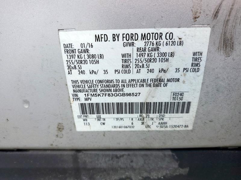 2016 FORD EXPLORER L - 1FM5K7F83GGB98527