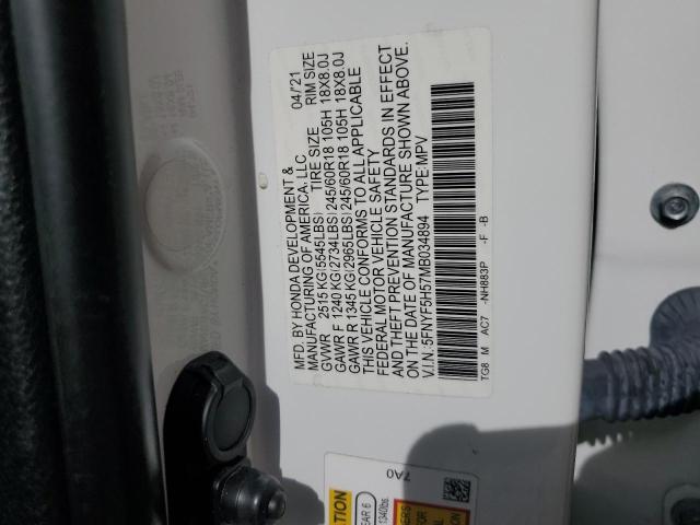 2021 HONDA PILOT EXL 5FNYF5H57MB034894