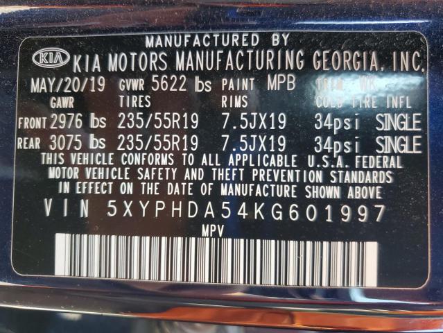 2019 KIA SORENTO EX 5XYPHDA54KG601997