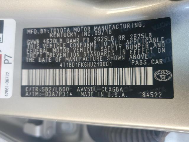 2017 TOYOTA CAMRY HYBR 4T1BD1FK6HU210601
