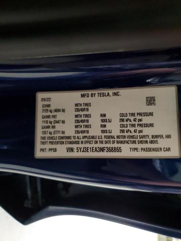 2022 TESLA MODEL 3 5YJ3E1EA3NF368865