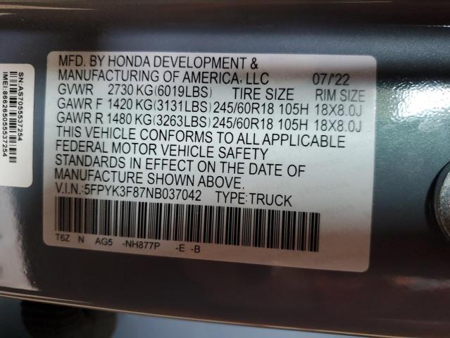 2022 HONDA RIDGELINE 5FPYK3F87NB037042