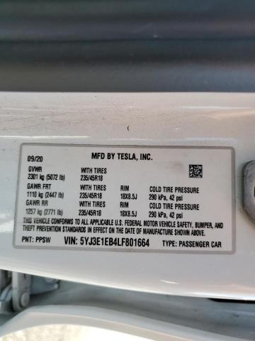 2020 TESLA MODEL 3 5YJ3E1EB4LF801664