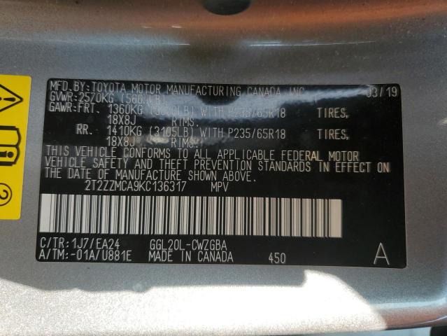 2019 LEXUS RX 350 BAS 2T2ZZMCA9KC136317