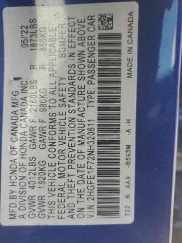 2022 HONDA CIVIC EX 2HGFE1F72NH320611