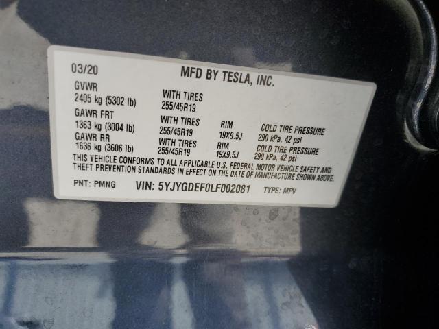 2020 TESLA MODEL Y 5YJYGDEF0LF002081