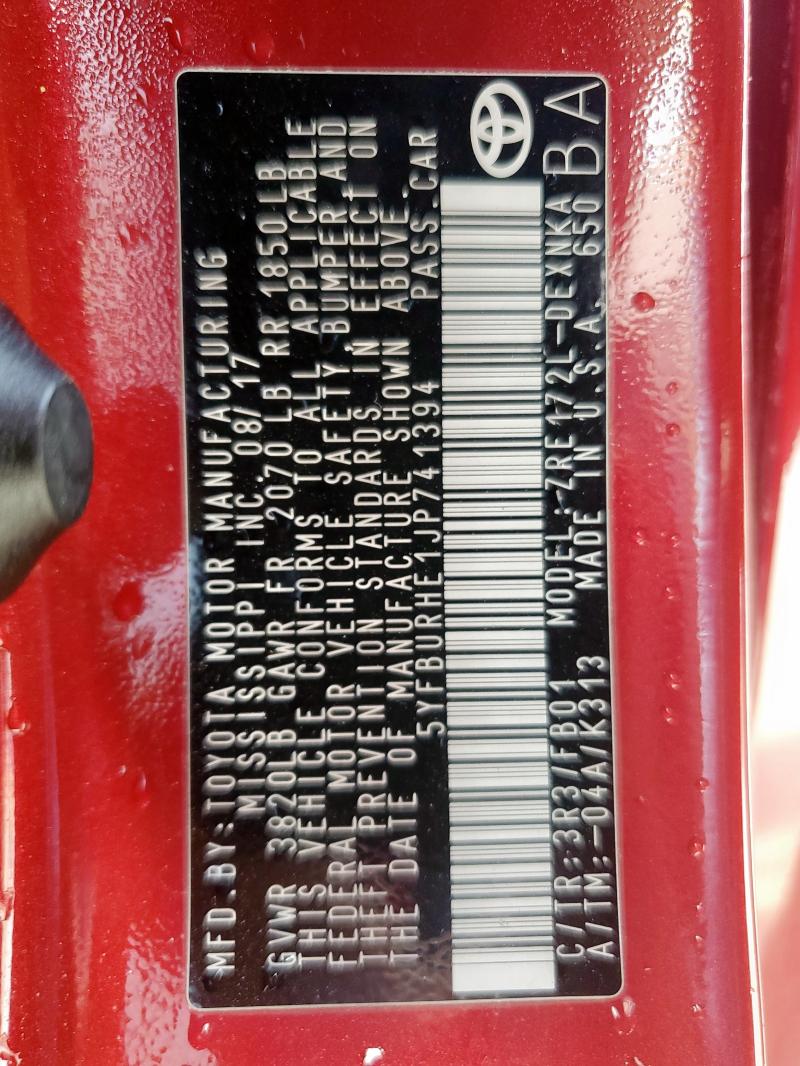 2018 TOYOTA COROLLA L - 5YFBURHE1JP741394