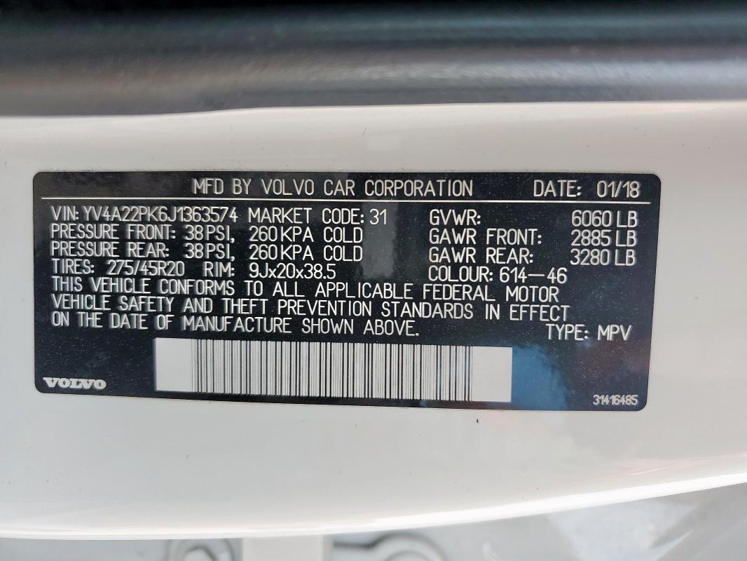 2018 VOLVO XC90 T6 YV4A22PK6J1363574