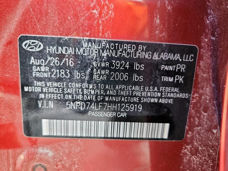 2017 HYUNDAI ELANTRA SE 5NPD74LF7HH125919