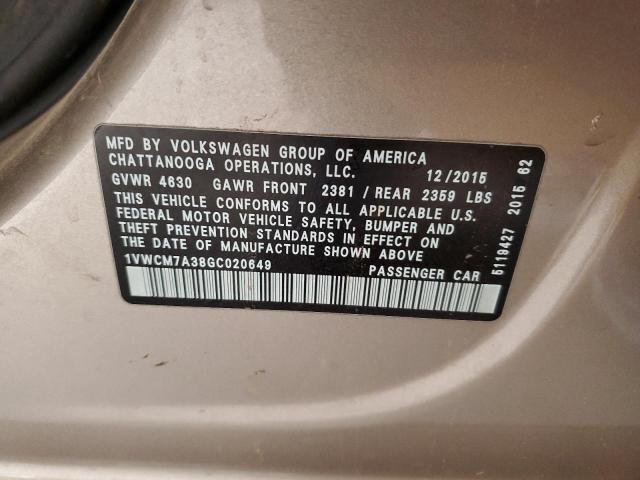 2016 VOLKSWAGEN PASSAT SEL PREMIUM 1VWCM7A38GC020649