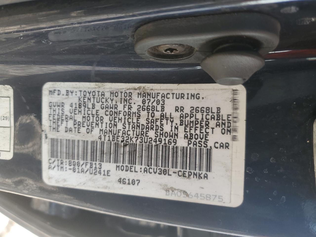 Lot #3279003683 2003 TOYOTA CAMRY LE