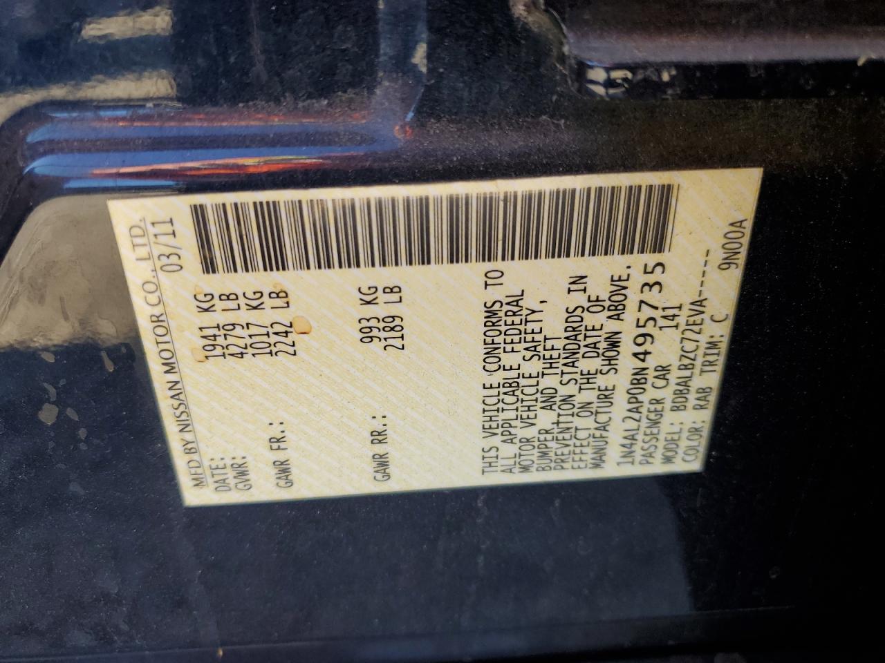 Lot #3234456129 2011 NISSAN ALTIMA BAS