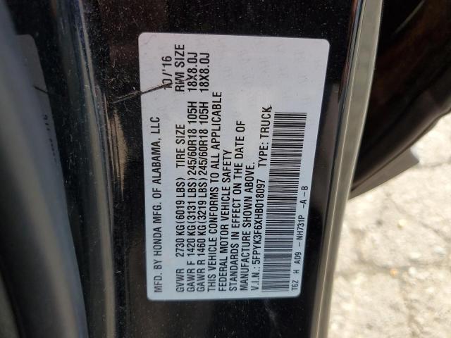 2017 HONDA RIDGELINE 5FPYK3F6XHB018097