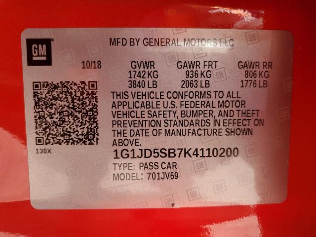 2019 CHEVROLET SONIC LT 1G1JD5SB7K4110200