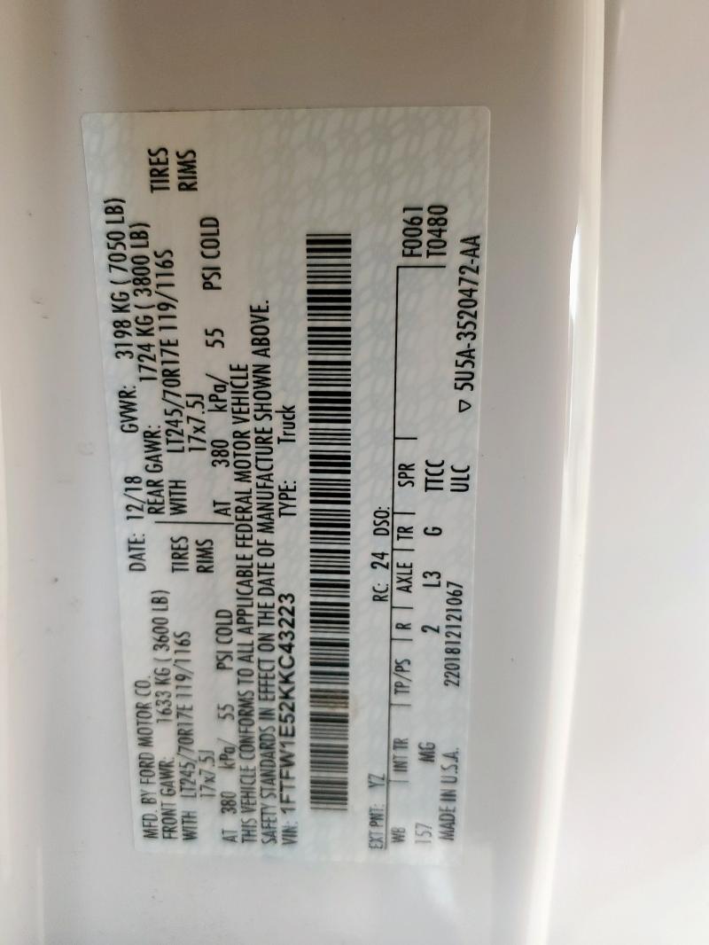 2019 FORD F150 SUPERCREW 1FTFW1E52KKC43223