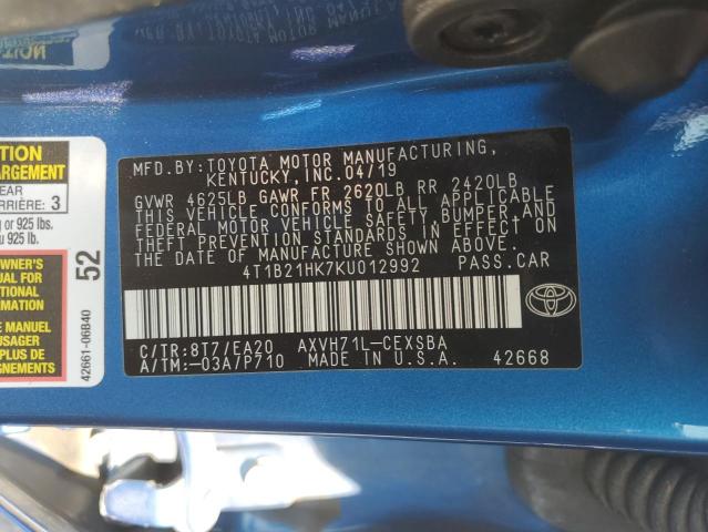 2019 TOYOTA CAMRY HYBR 4T1B21HK7KU012992