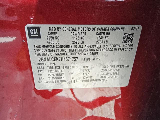 2017 CHEVROLET EQUINOX LT 2GNALCEK7H1571757