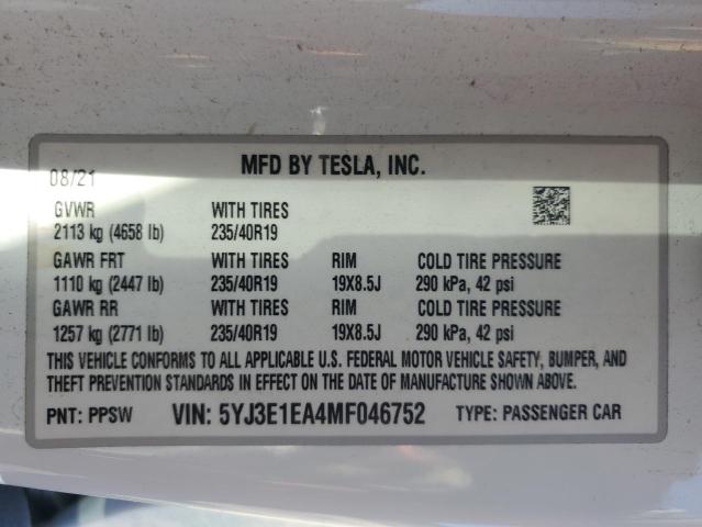 2021 TESLA MODEL 3 5YJ3E1EA4MF046752