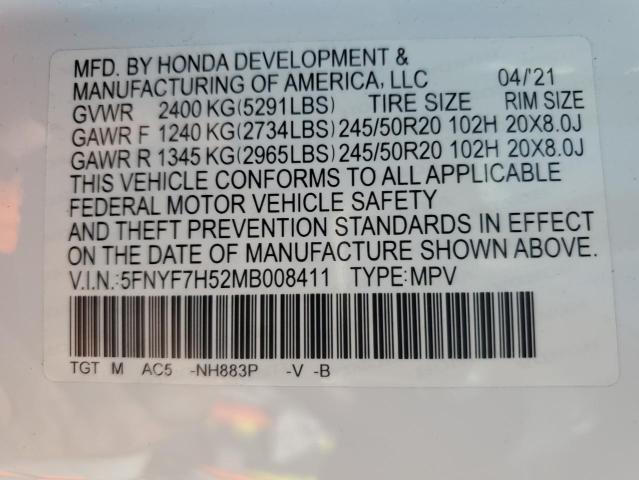 2021 HONDA PASSPORT EXL 5FNYF7H52MB008411