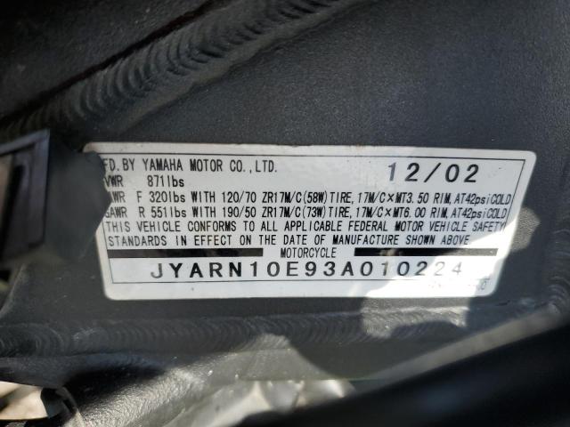 2003 YAMAHA YZFR1 JYARN10E93A010224