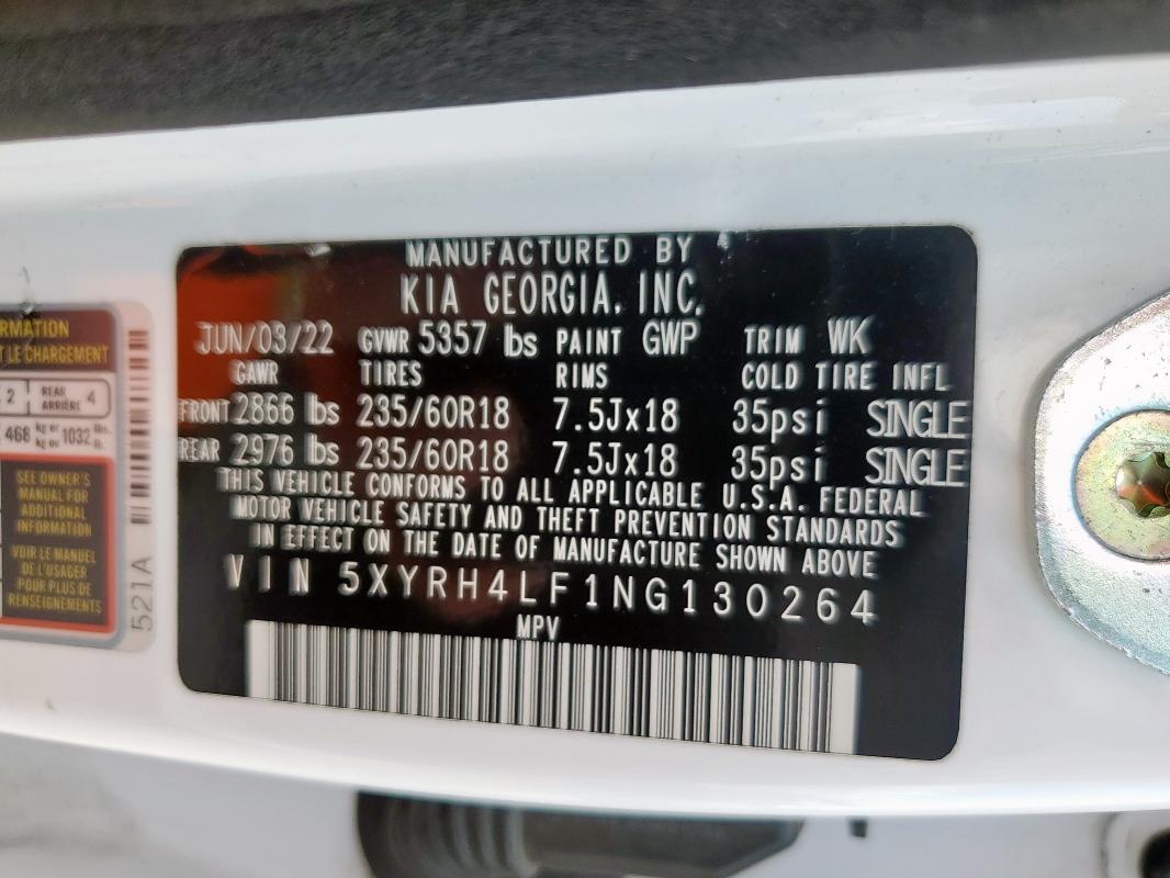 2022 KIA SORENTO EX - 5XYRH4LF1NG130264